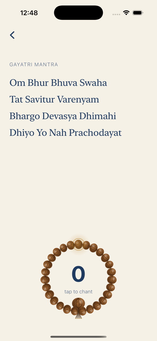 Japam chanting screen with a mantra above a rudraksha mala counter