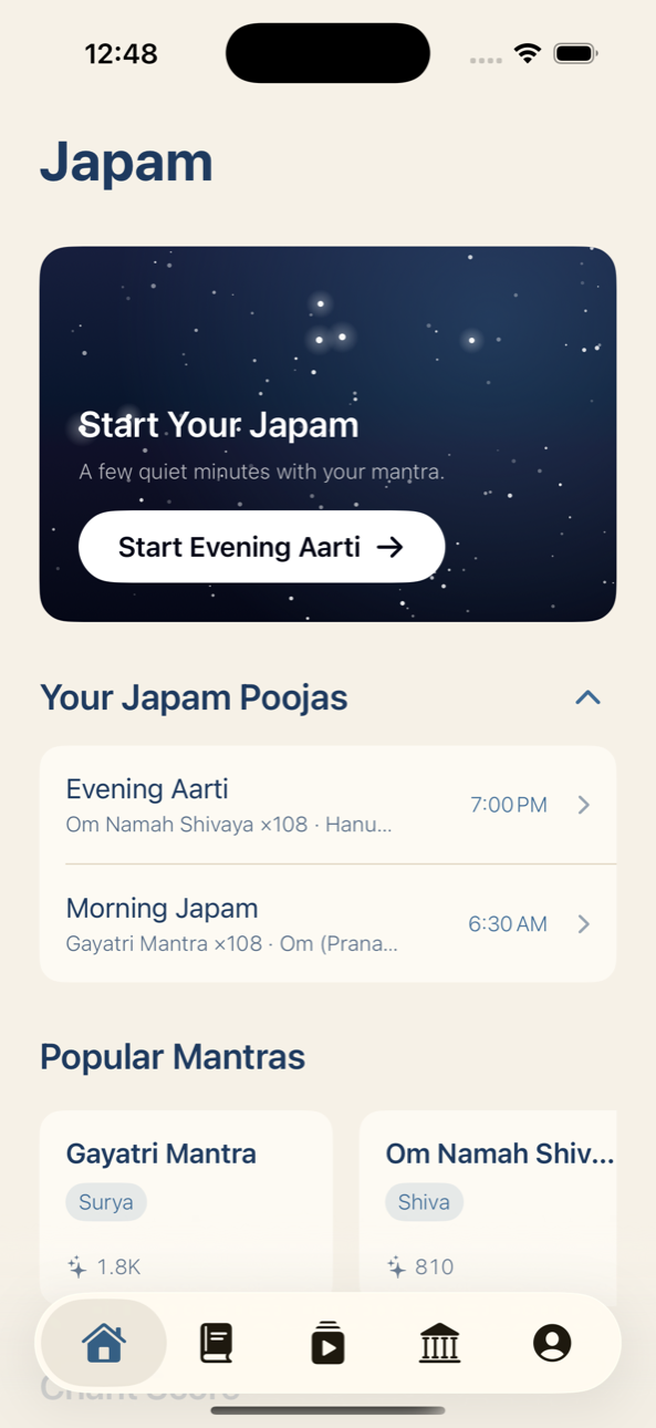 Japam home screen showing Start Your Japam, today's Japam Poojas and chant score