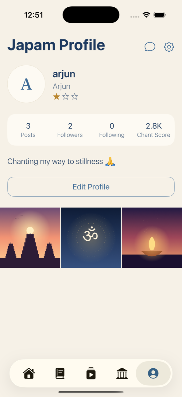 Japam profile showing chant score, stars and posts